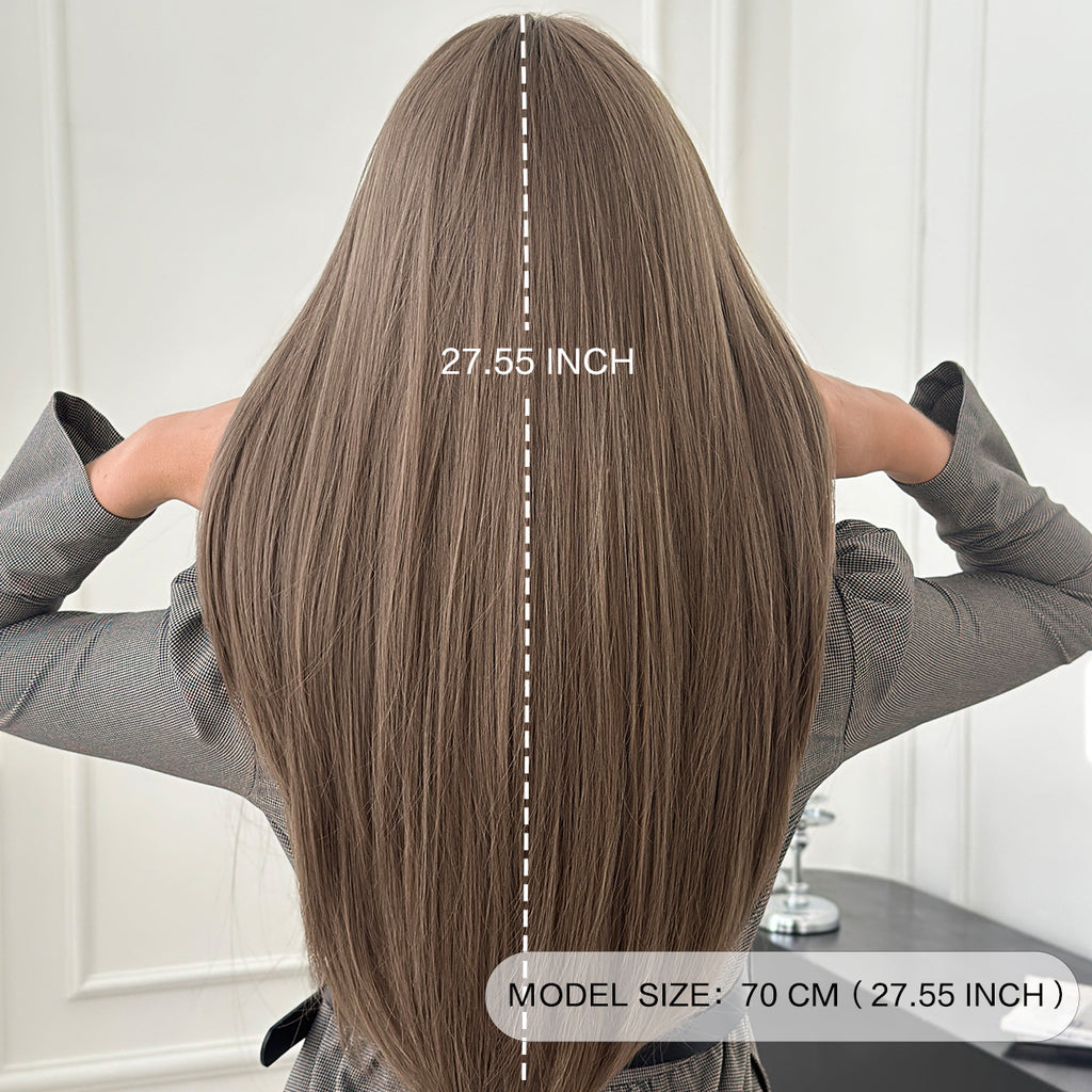 Light Gray Tea Brown Layered Straight Wig - Everyday Fashion (Inward Curve Bangs) (FEVERCOS)