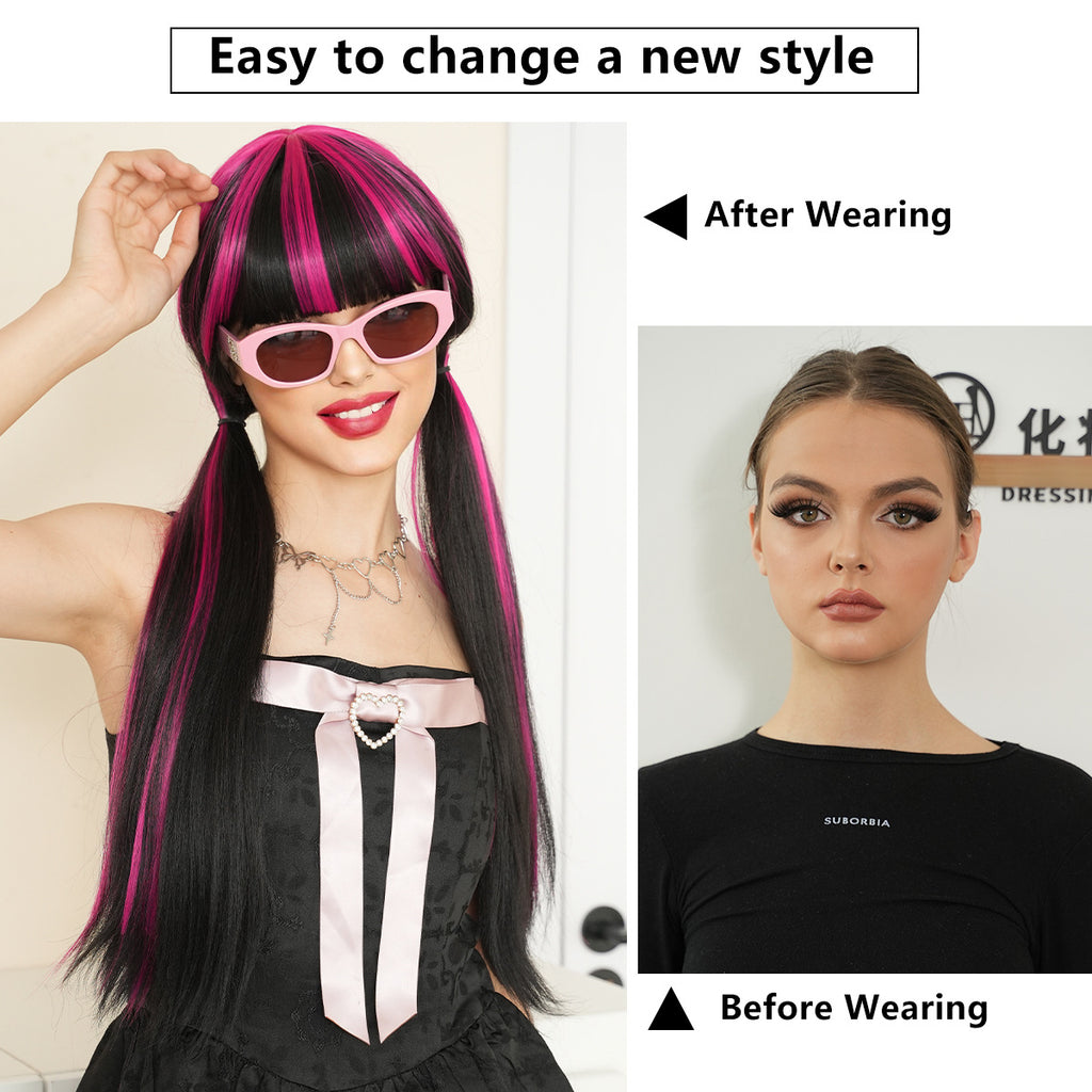 White Smoke Draculaura Cosplay Wig - Monster Academy (Black Red Highlight Straight) (FEVERCOS)
