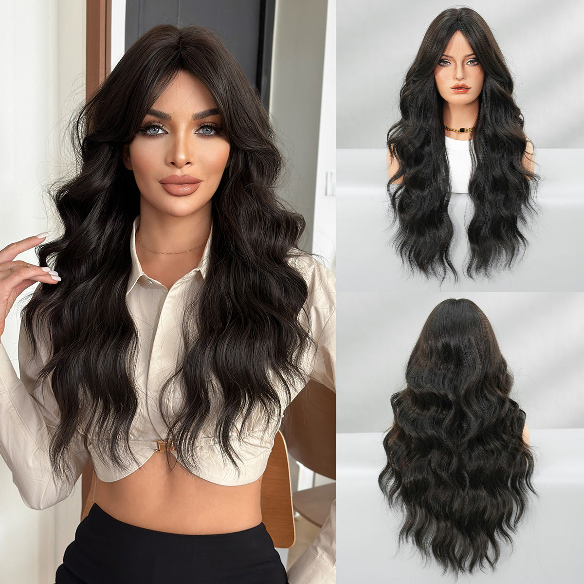 Light Gray Natural Mocha Brown Wavy Wig - Everyday Fashion (Long Curls Bangs) (FEVERCOS)