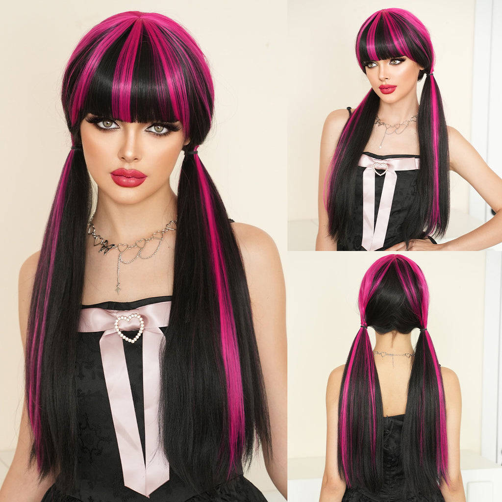 Antique White Draculaura Cosplay Wig - Monster Academy (Black Red Highlight Straight) (FEVERCOS)