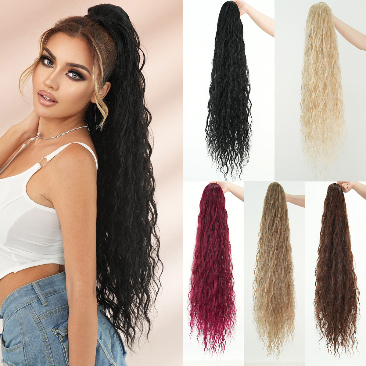 White Smoke 36-Inch Water Wave Drawstring Ponytail - Accessory Collection (Super Long) (FEVERCOS)