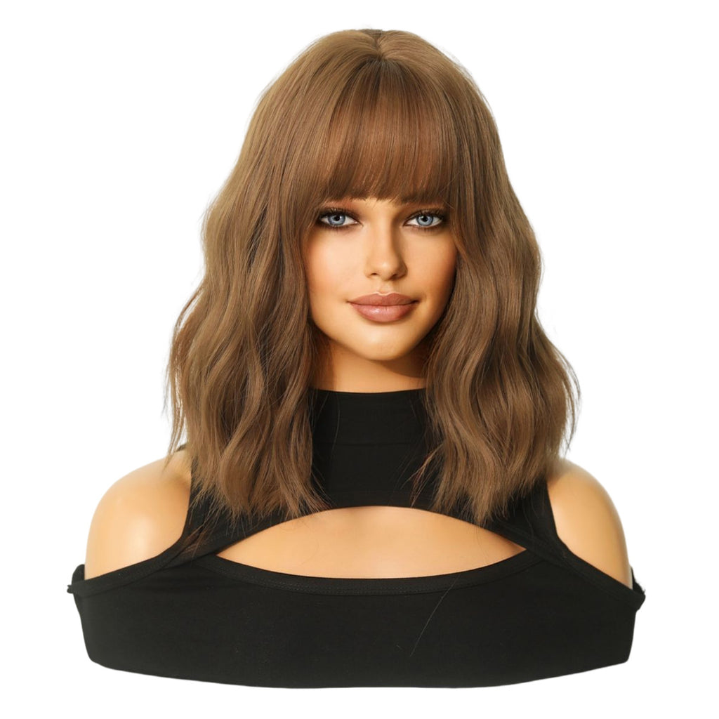 White Smoke 12-Inch Milk Tea Brown Bob - Everyday Fashion (Wavy Collarbone Bangs) (FEVERCOS)