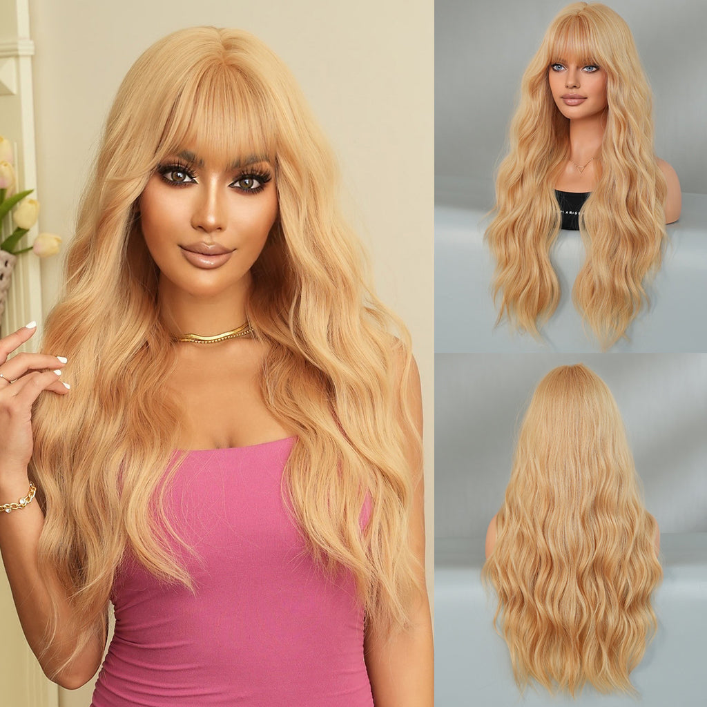 Tan Natural Mocha Brown Wavy Wig - Everyday Fashion (Long Curls Bangs) (FEVERCOS)