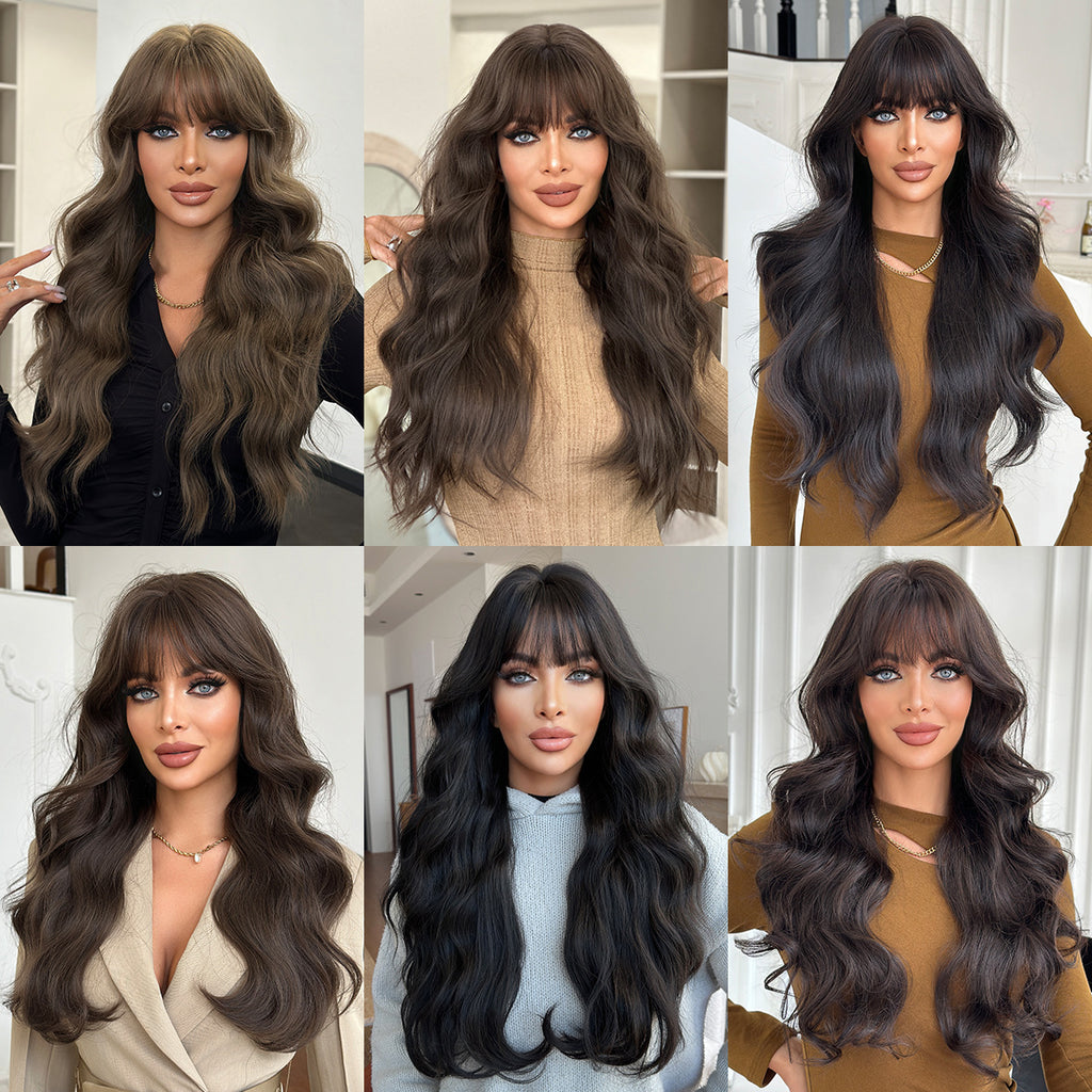 Dark Slate Gray Natural Mocha Brown Wavy Wig - Everyday Fashion (Long Curls Bangs) (FEVERCOS)