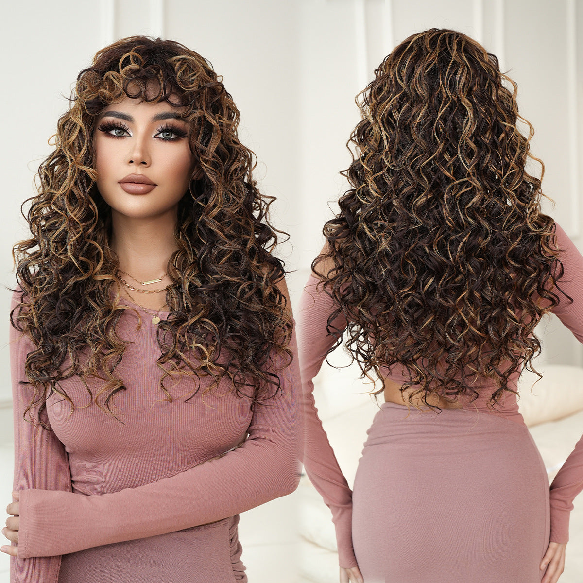 Antique White Honey Blonde Spring Curl Wig - Street Fashion (Long Voluminous Bangs) (FEVERCOS)