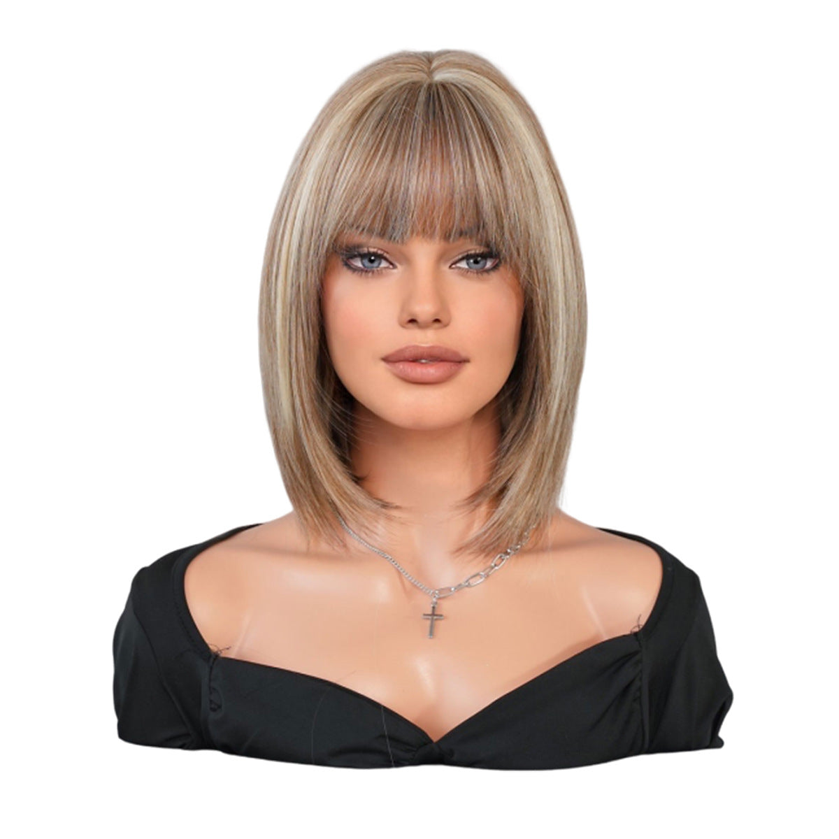 White Smoke Tea Brown Highlight Bob Wig - Everyday Fashion (Inward Curve Bangs) (FEVERCOS)