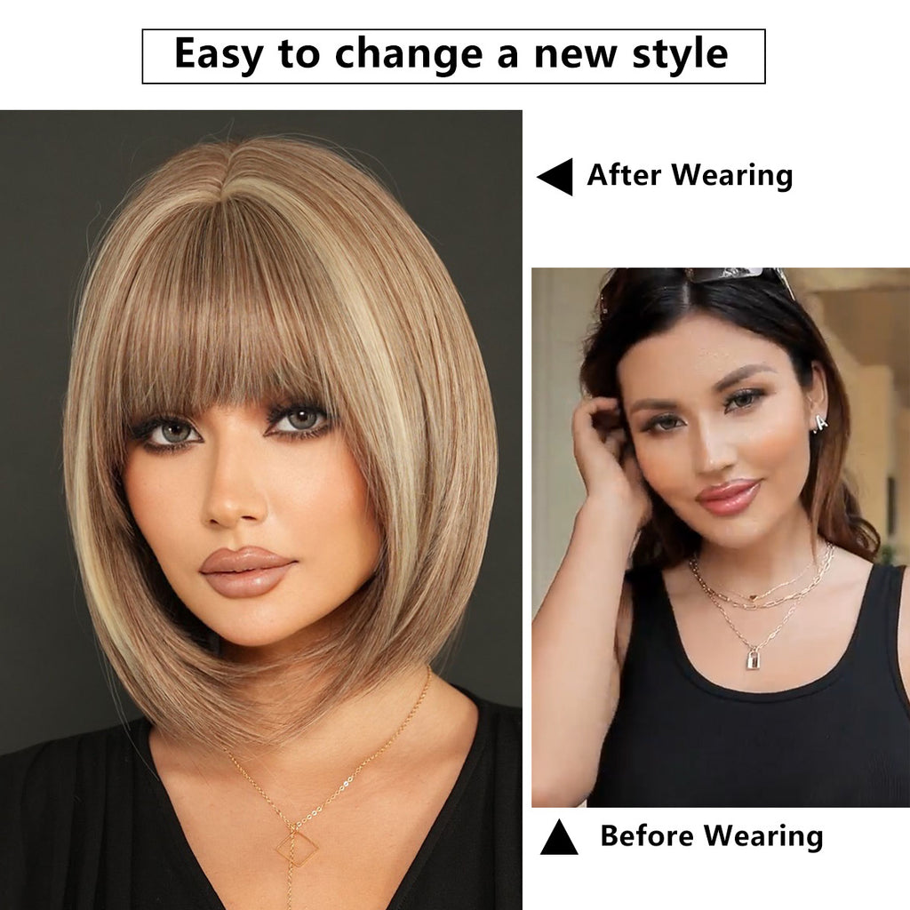 White Smoke Tea Brown Highlight Bob Wig - Everyday Fashion (Inward Curve Bangs) (FEVERCOS)