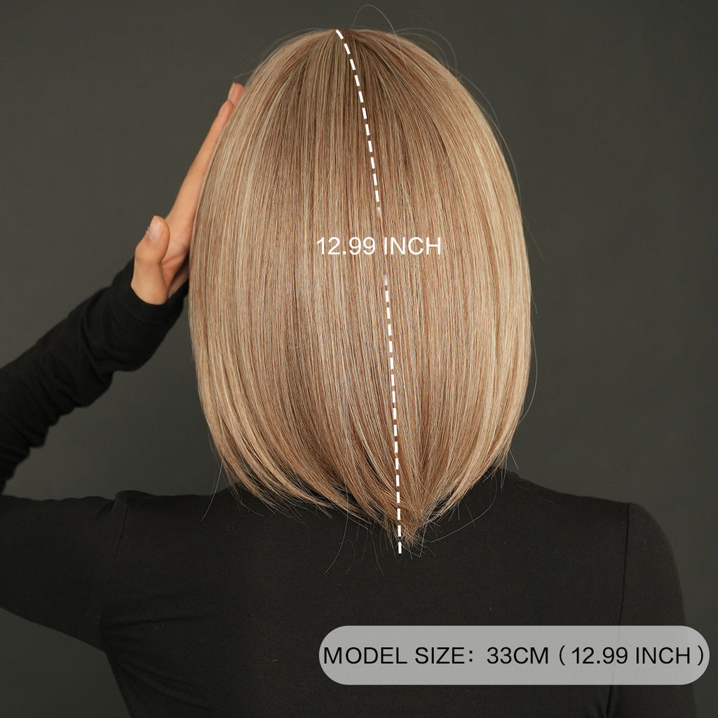 Dark Slate Gray Tea Brown Highlight Bob Wig - Everyday Fashion (Inward Curve Bangs) (FEVERCOS)