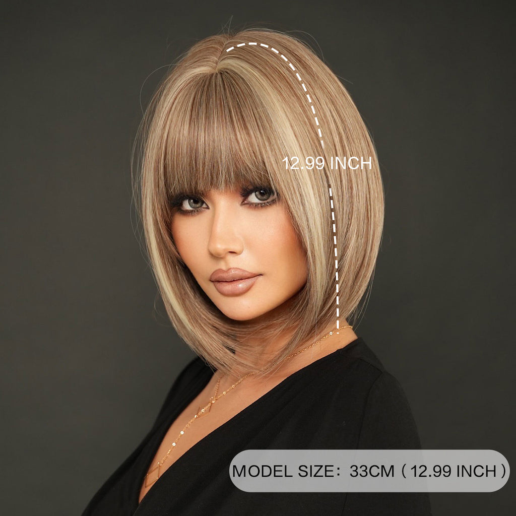 Dark Slate Gray Tea Brown Highlight Bob Wig - Everyday Fashion (Inward Curve Bangs) (FEVERCOS)