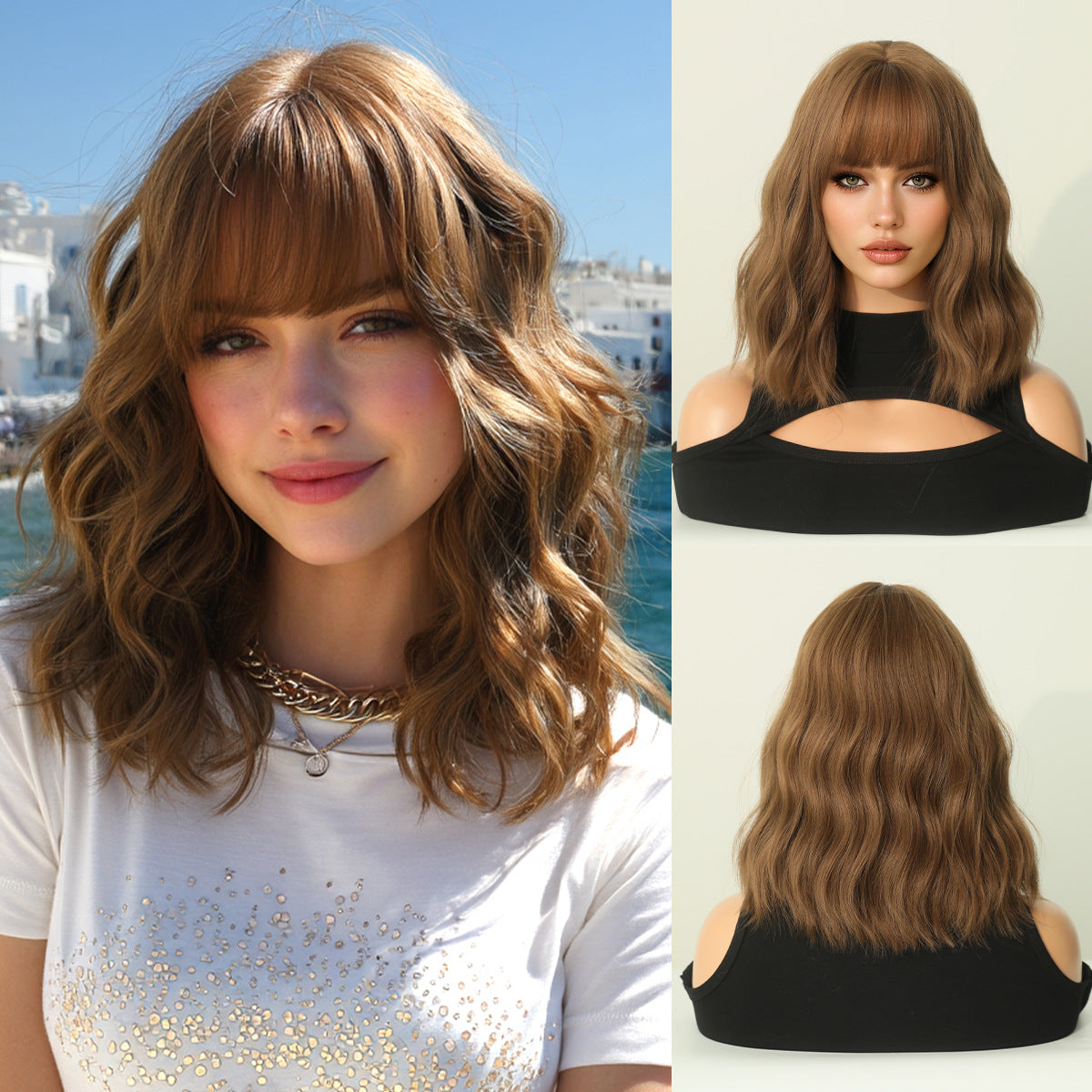 Antique White 12-Inch Milk Tea Brown Bob - Everyday Fashion (Wavy Collarbone Bangs) (FEVERCOS)
