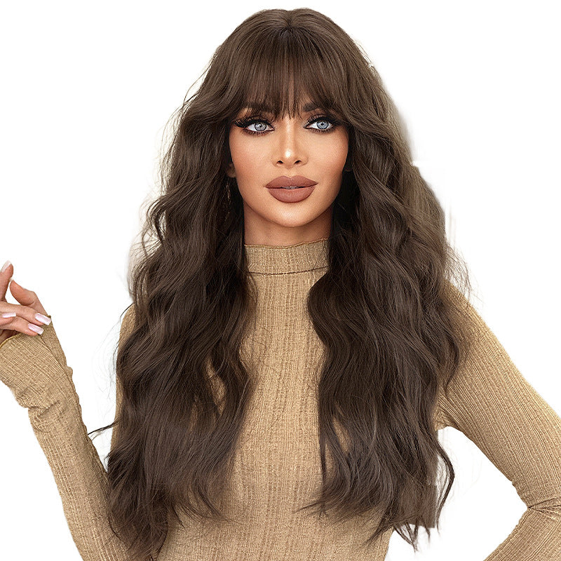 White Smoke Natural Mocha Brown Wavy Wig - Everyday Fashion (Long Curls Bangs) (FEVERCOS)