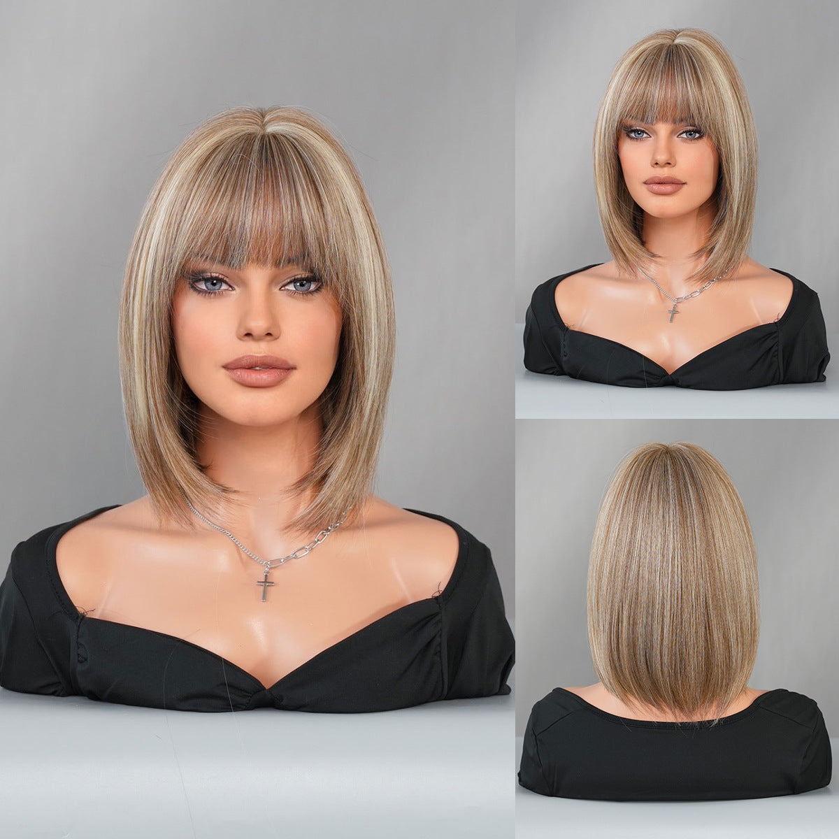Dark Gray Tea Brown Highlight Bob Wig - Everyday Fashion (Inward Curve Bangs) (FEVERCOS)