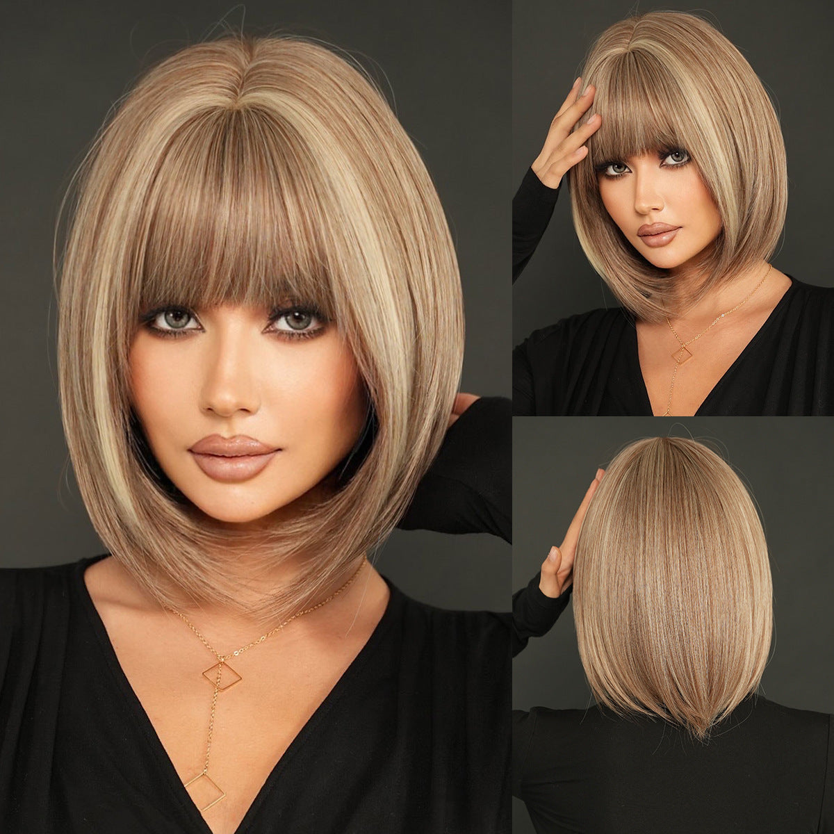 Black Tea Brown Highlight Bob Wig - Everyday Fashion (Inward Curve Bangs) (FEVERCOS)