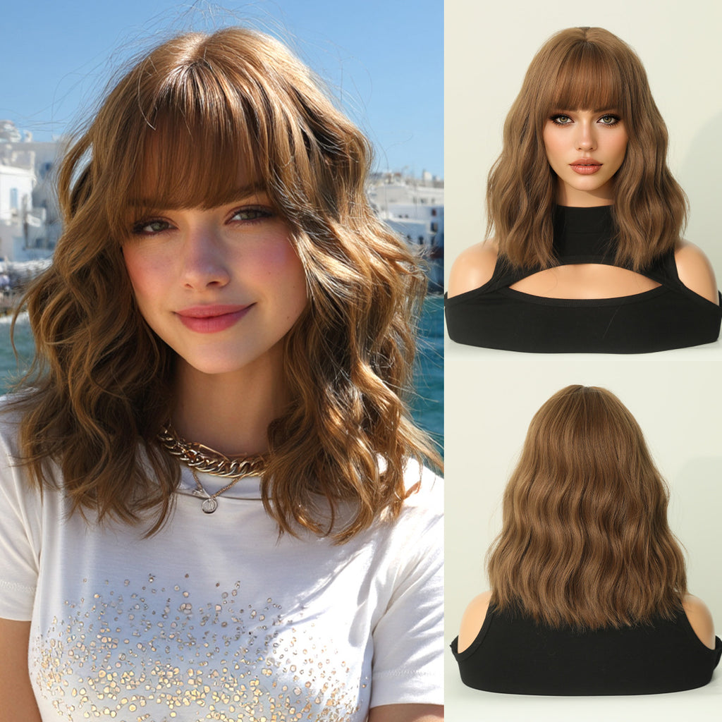 Antique White 12-Inch Milk Tea Brown Bob - Everyday Fashion (Wavy Collarbone Bangs) (FEVERCOS)