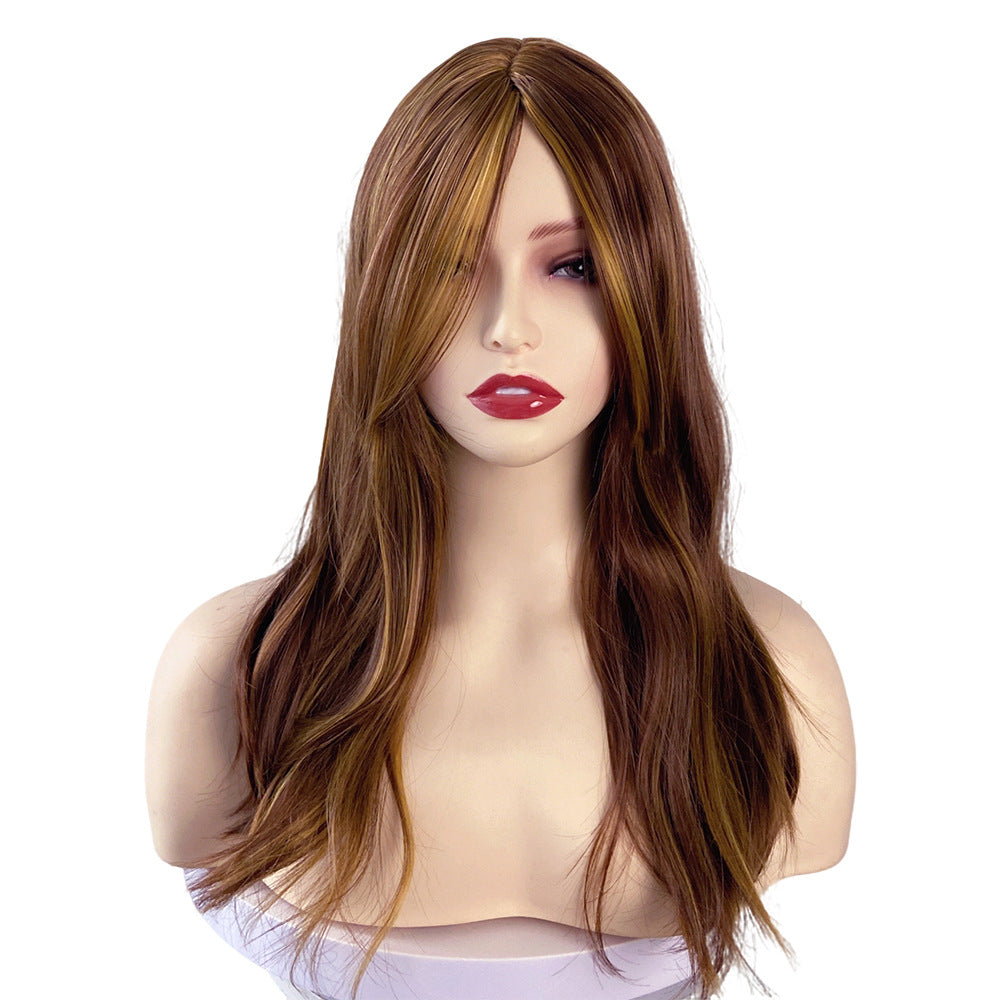 White Smoke Brown Gold Highlight Mid-Length Wavy Wig - Everyday Fashion (Middle Part) (FEVERCOS)
