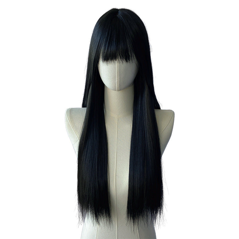 Black Long Straight Wig - Everyday Fashion (Blunt Bangs) (FEVERCOS)