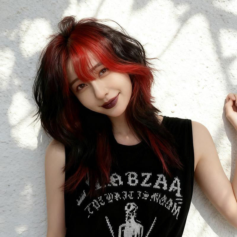 Black Black Red Wolf Cut Mullet Wig - Subculture Fashion (Highlight Wavy) (FEVERCOS)