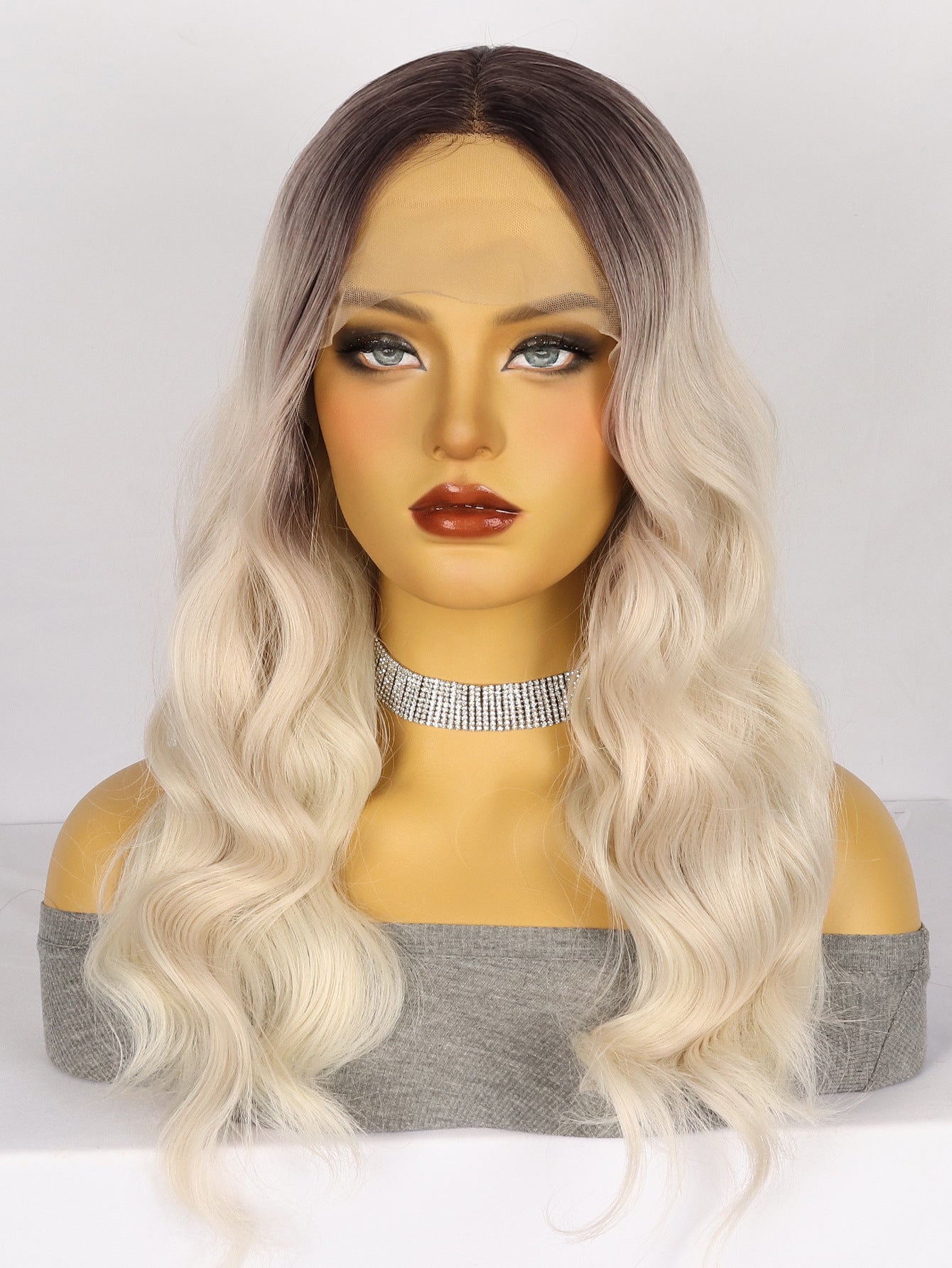 Light Gray Cruella Black White Ombre Lace Wig - Gothic Glamour (Long Wavy T-Part) (FEVERCOS)