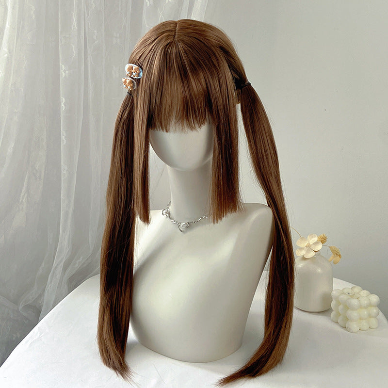 Dark Gray Brown Twin Tails Hime Cut Wig - Lolita Fashion (Long Straight JK Style) (FEVERCOS)