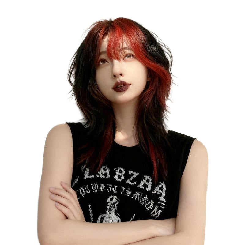 White Smoke Black Red Wolf Cut Mullet Wig - Subculture Fashion (Highlight Wavy) (FEVERCOS)