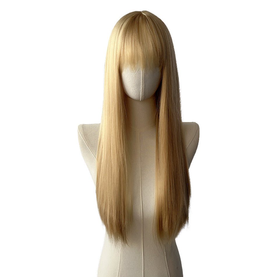 Beige Blonde Long Straight Wig - Everyday Fashion (Classic Bangs) (FEVERCOS)