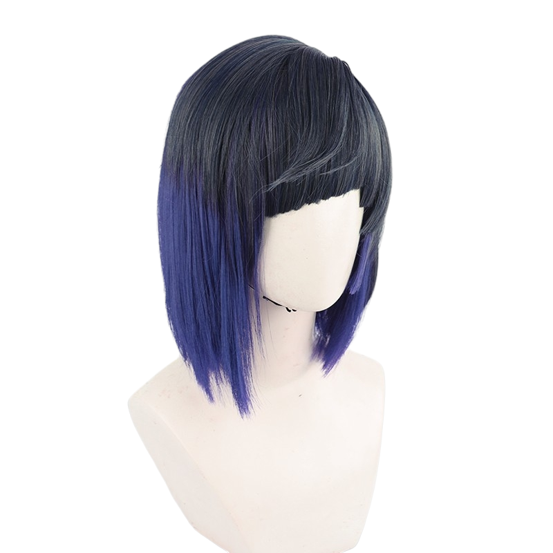 White Smoke Yelan Cosplay Wig - Genshin Impact (Dark Blue Asymmetrical Bob) (FEVERCOS)