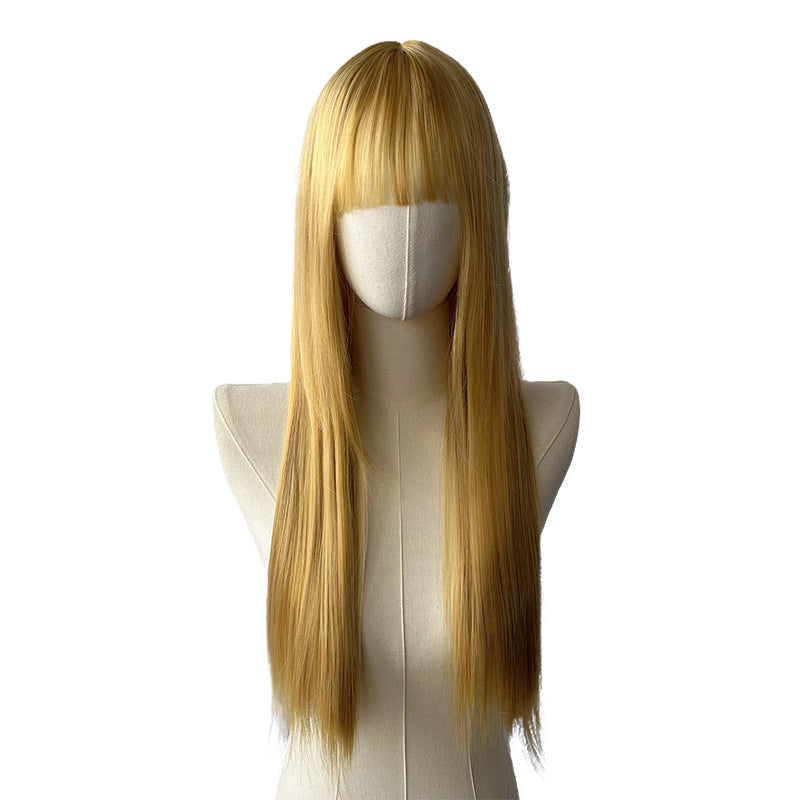 Beige Blonde Long Straight Wig - Everyday Fashion (Classic Bangs) (FEVERCOS)