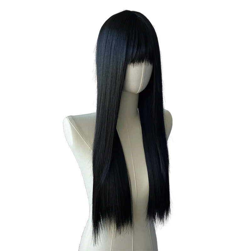 Black Long Straight Wig - Everyday Fashion (Blunt Bangs) (FEVERCOS)