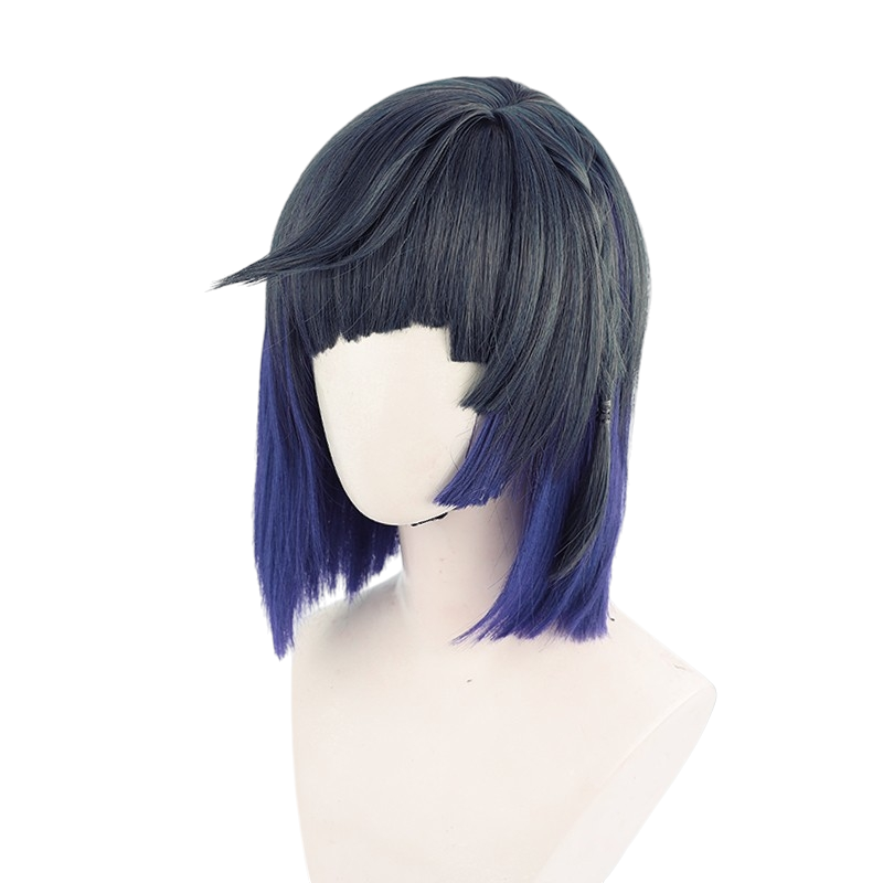 White Smoke Yelan Cosplay Wig - Genshin Impact (Dark Blue Asymmetrical Bob) (FEVERCOS)