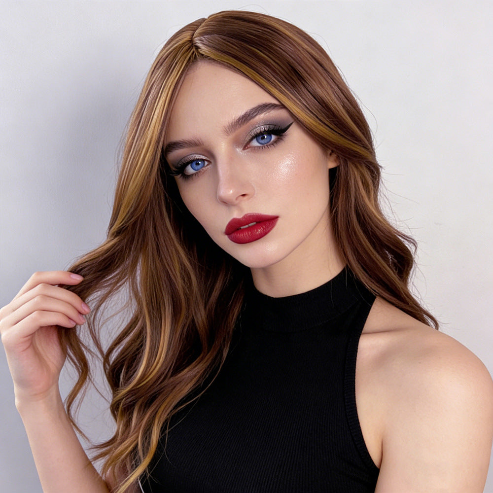 Black Brown Gold Highlight Mid-Length Wavy Wig - Everyday Fashion (Middle Part) (FEVERCOS)