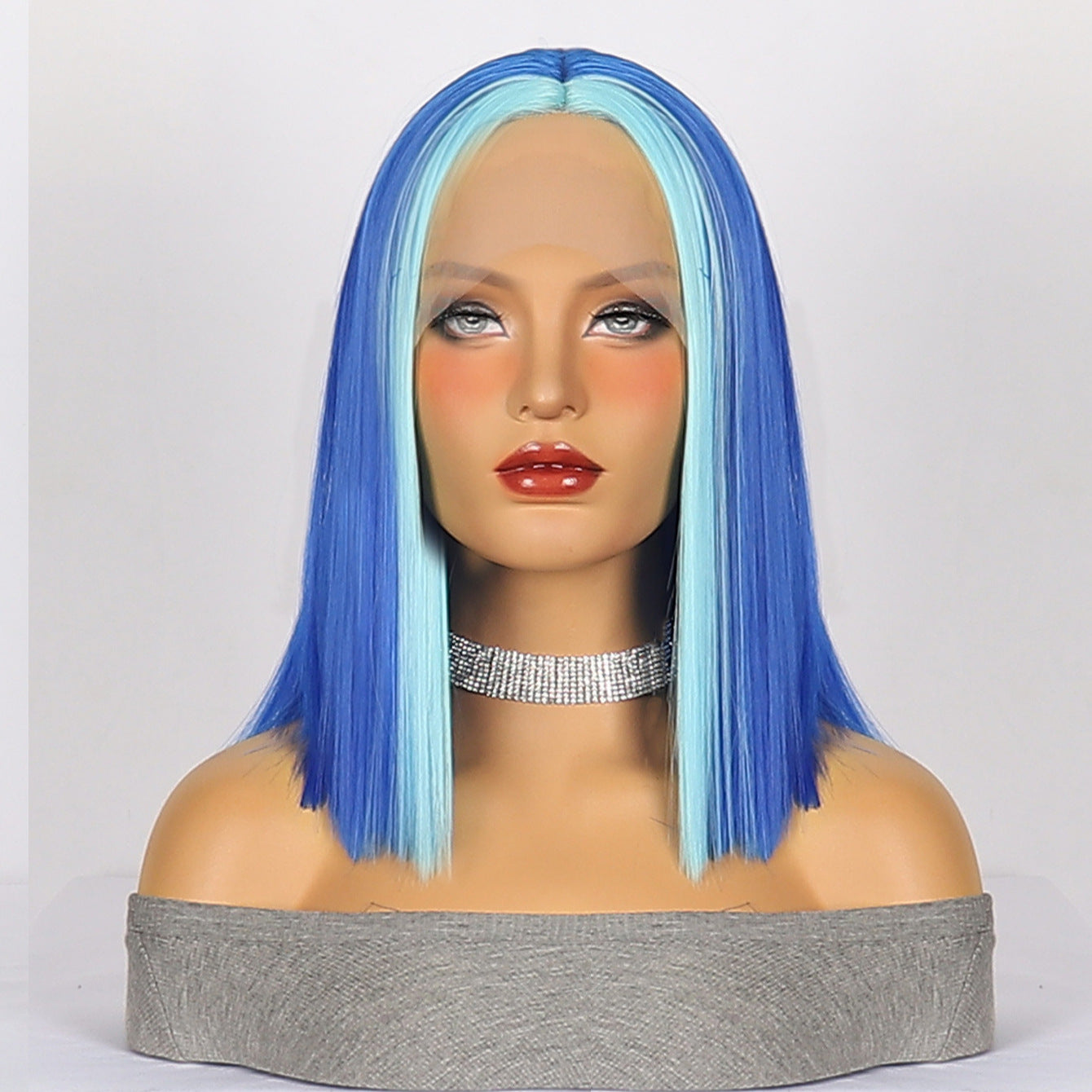 Light Gray Sapphire Blue Straight Bob Wig - Harajuku Aesthetic (Middle Part Short) (FEVERCOS)
