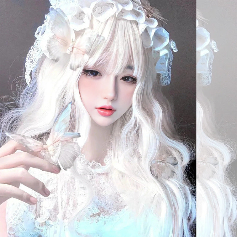 White Long Wavy Lolita Wig - Lolita Fashion (Doll Curls Bangs) (FEVERCOS)