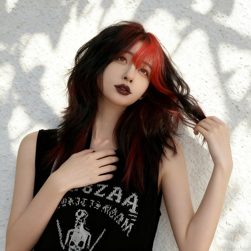 Black Black Red Wolf Cut Mullet Wig - Subculture Fashion (Highlight Wavy) (FEVERCOS)