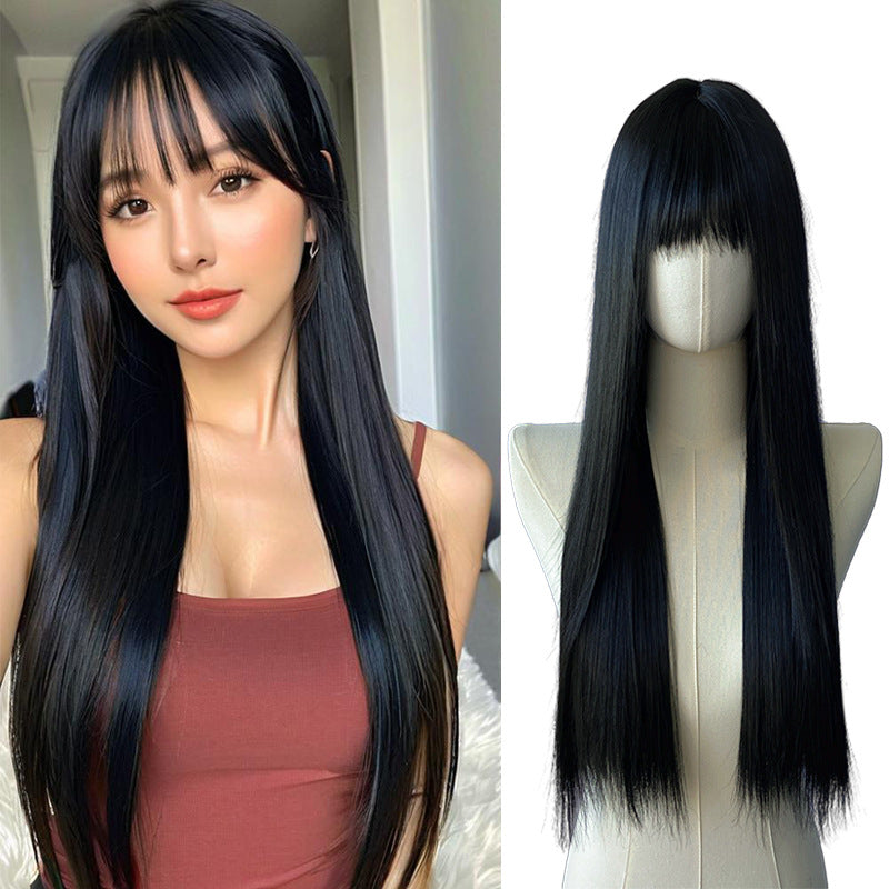 Black Long Straight Wig - Everyday Fashion (Blunt Bangs) (FEVERCOS)