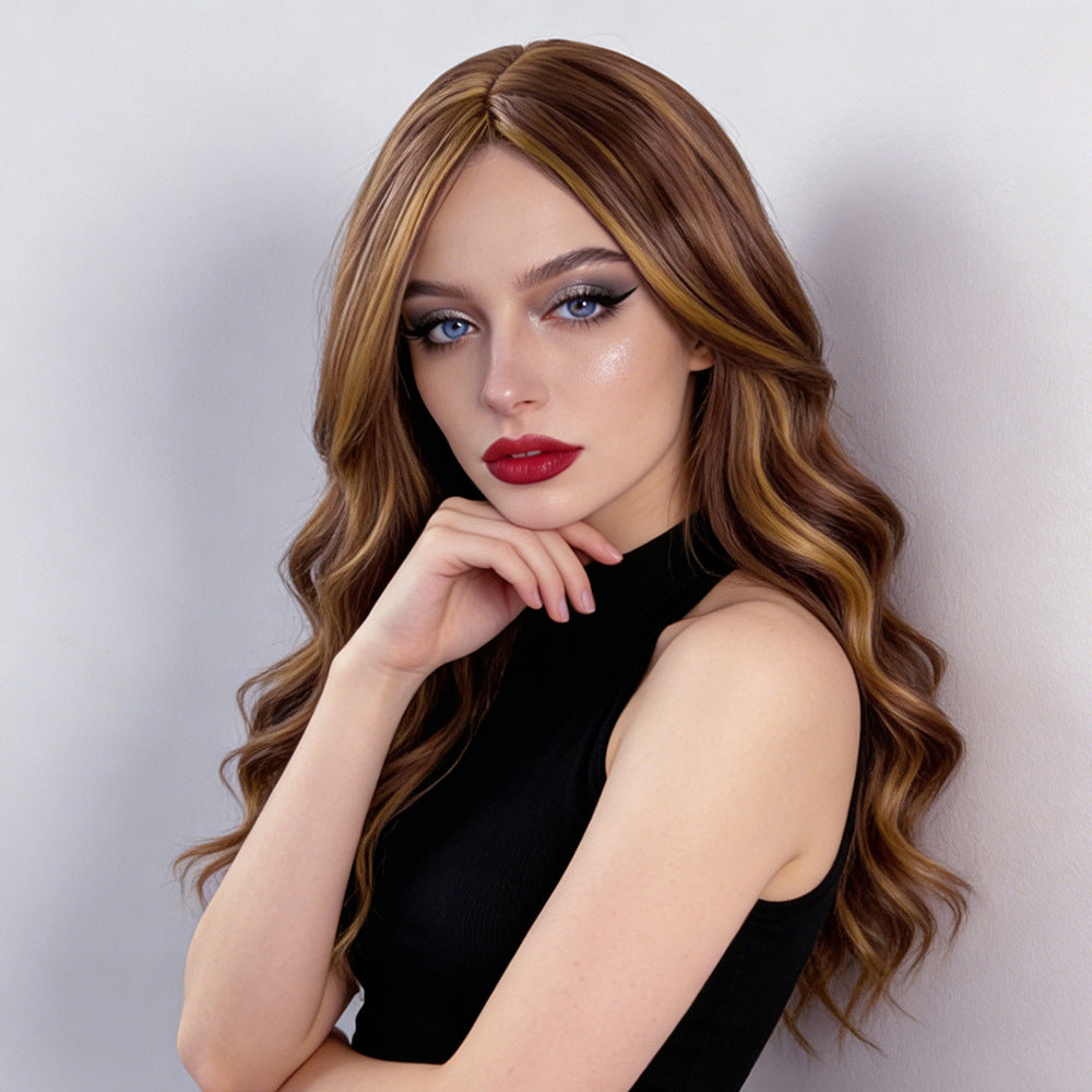 Light Gray Brown Gold Highlight Mid-Length Wavy Wig - Everyday Fashion (Middle Part) (FEVERCOS)