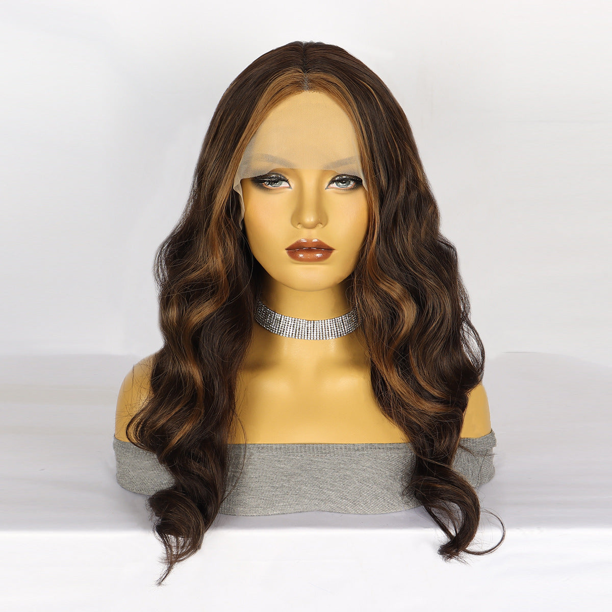 Light Gray Chestnut Brown Wavy Lace Wig - Elite Lace Fronts (Middle Part Long Curls) (FEVERCOS)