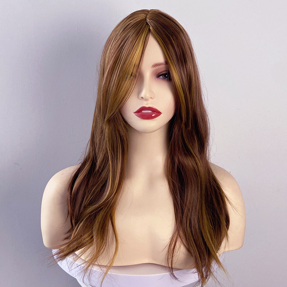 Light Gray Brown Gold Highlight Mid-Length Wavy Wig - Everyday Fashion (Middle Part) (FEVERCOS)
