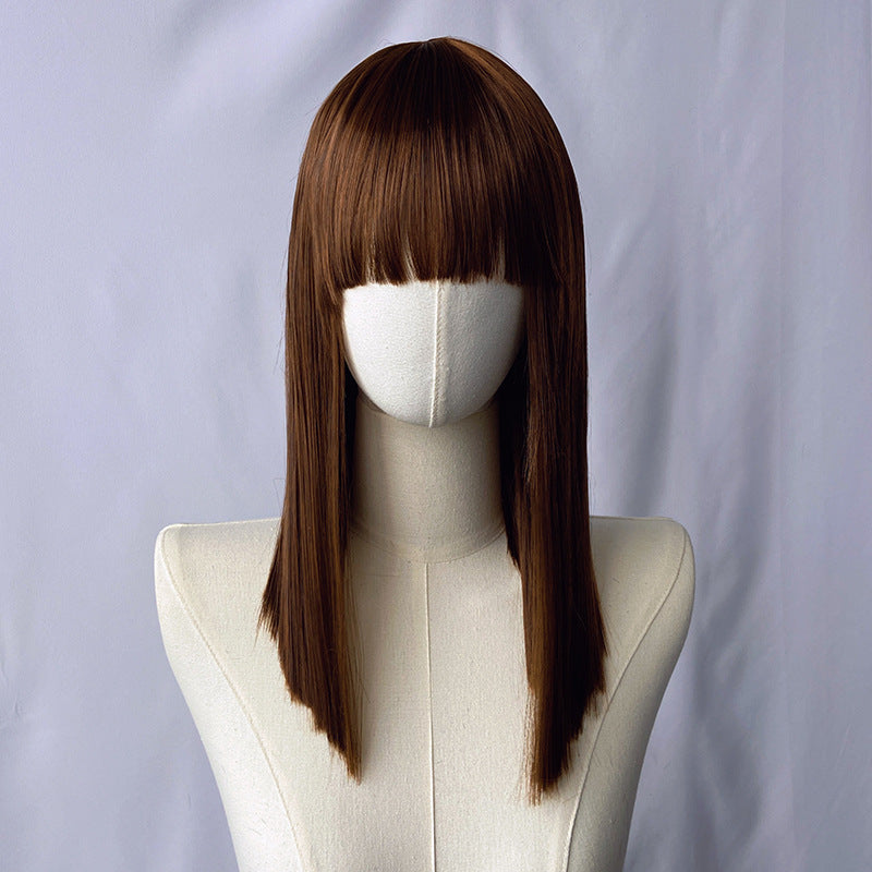 Brown Mid-Length Straight Wig - Everyday Fashion (Classic Bangs) (FEVERCOS)