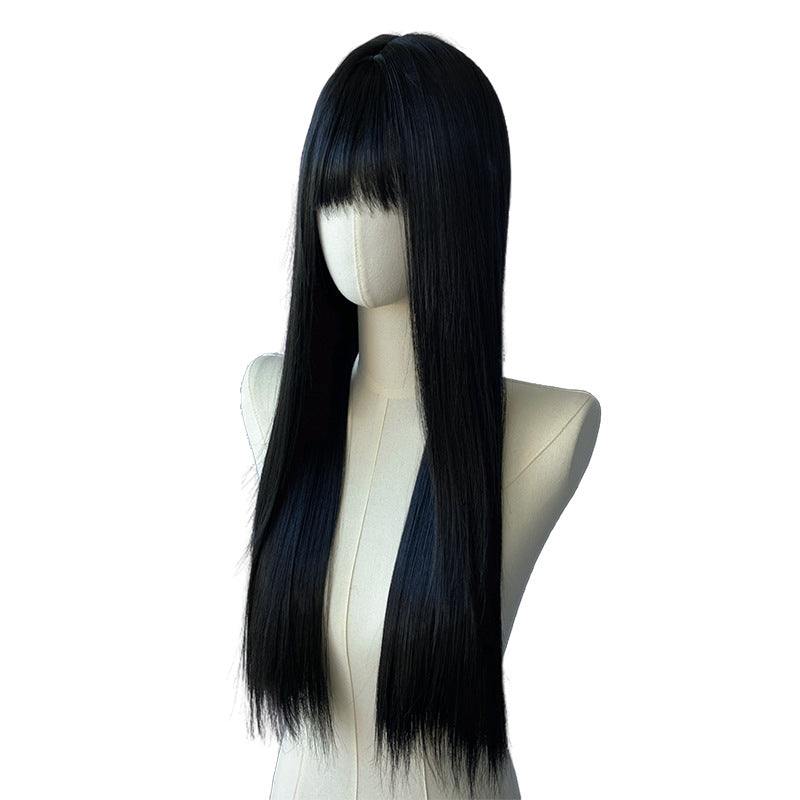 Black Long Straight Wig - Everyday Fashion (Blunt Bangs) (FEVERCOS)