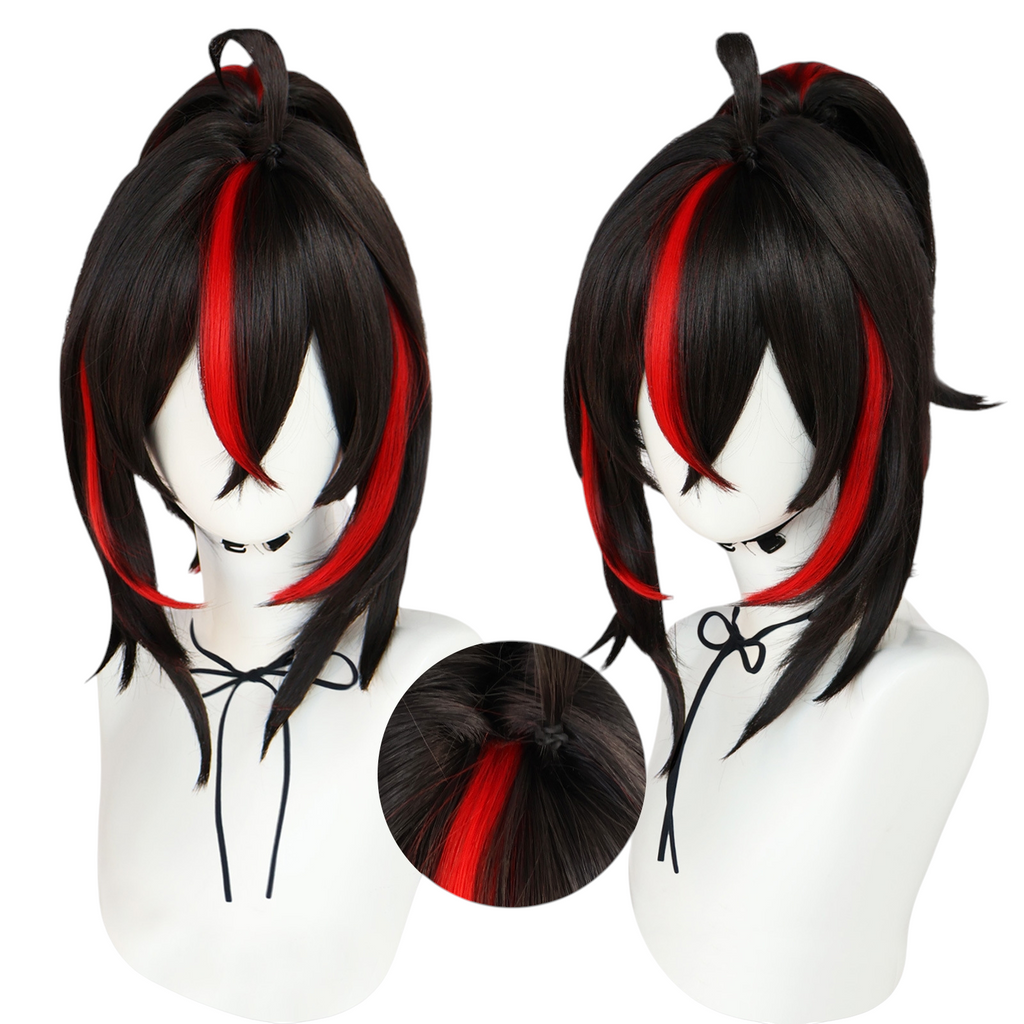 White Smoke Zhu Yuan Cosplay Wig - Zenless Zone Zero (Black/Red Ponytail) (FEVERCOS)