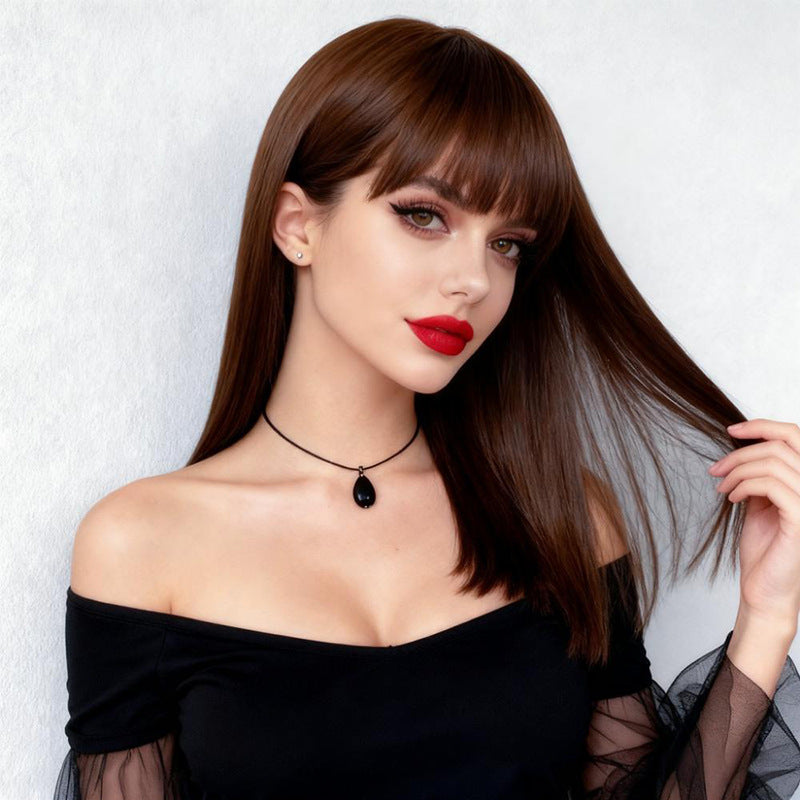 Brown Mid-Length Straight Wig - Everyday Fashion (Classic Bangs) (FEVERCOS)