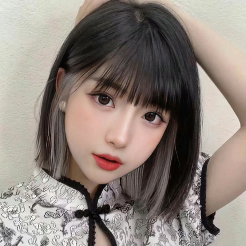 Light Gray Ear Highlight Collarbone Straight Wig - Urban Fashion (K-Pop Style) (FEVERCOS)