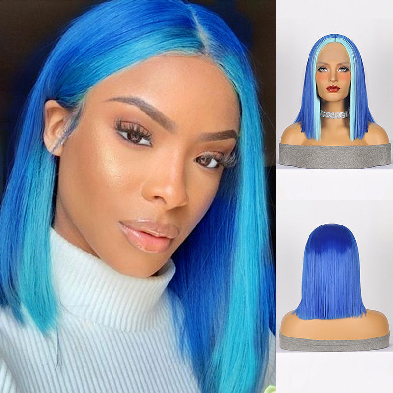 White Smoke Sapphire Blue Straight Bob Wig - Harajuku Aesthetic (Middle Part Short) (FEVERCOS)