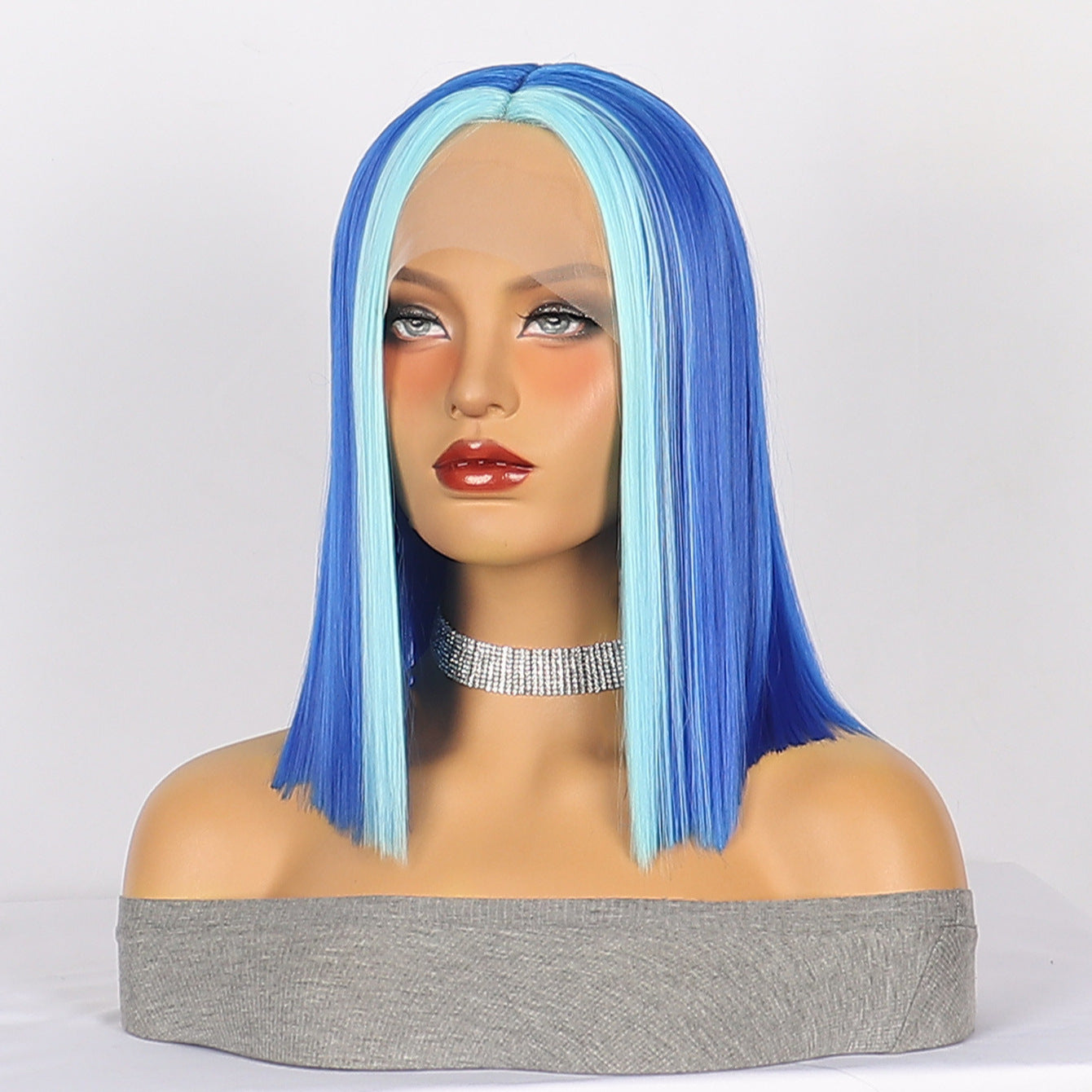 Light Gray Sapphire Blue Straight Bob Wig - Harajuku Aesthetic (Middle Part Short) (FEVERCOS)
