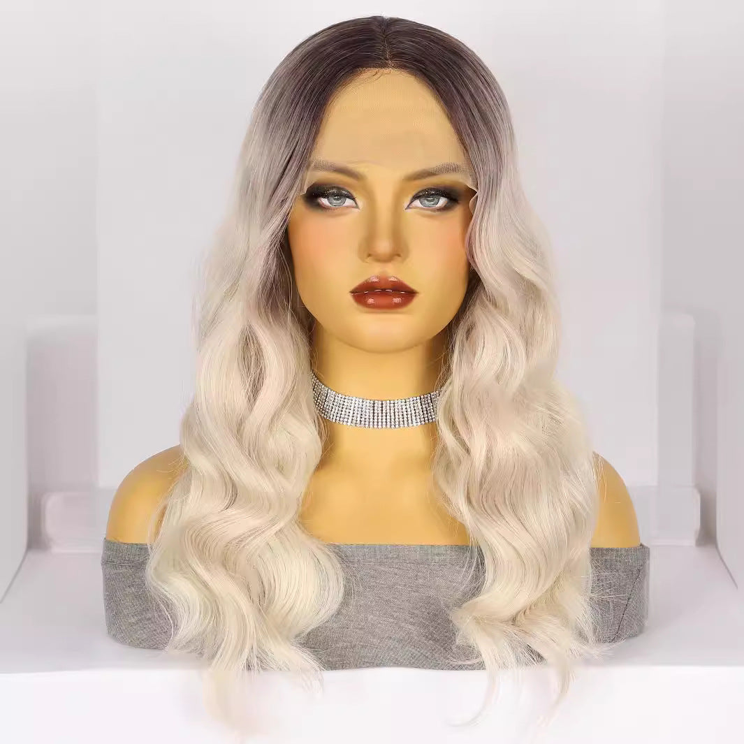 Light Gray Cruella Black White Ombre Lace Wig - Gothic Glamour (Long Wavy T-Part) (FEVERCOS)