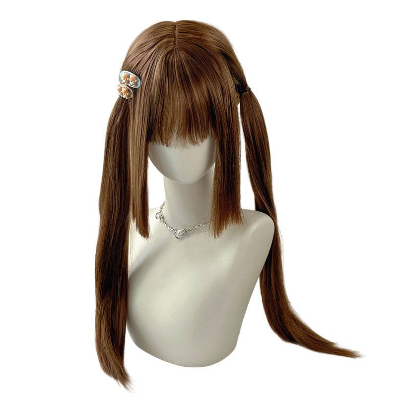 White Smoke Brown Twin Tails Hime Cut Wig - Lolita Fashion (Long Straight JK Style) (FEVERCOS)