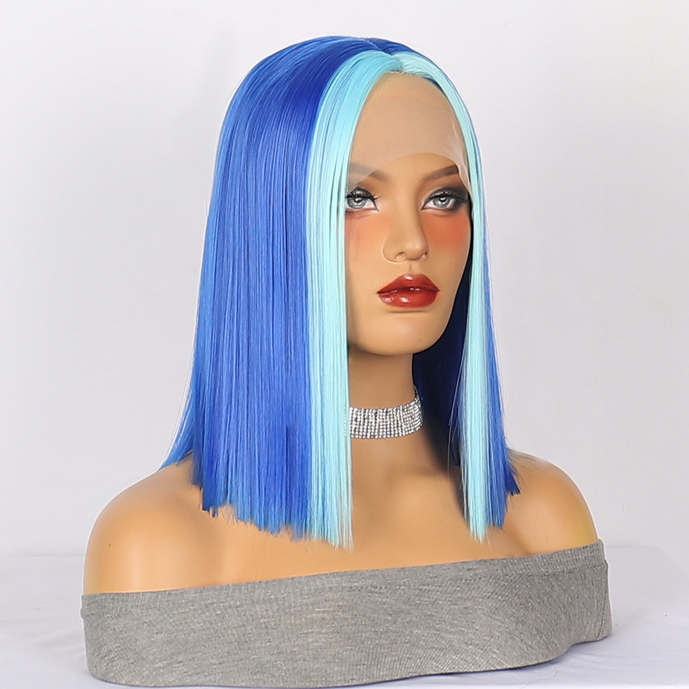 Light Gray Sapphire Blue Straight Bob Wig - Harajuku Aesthetic (Middle Part Short) (FEVERCOS)