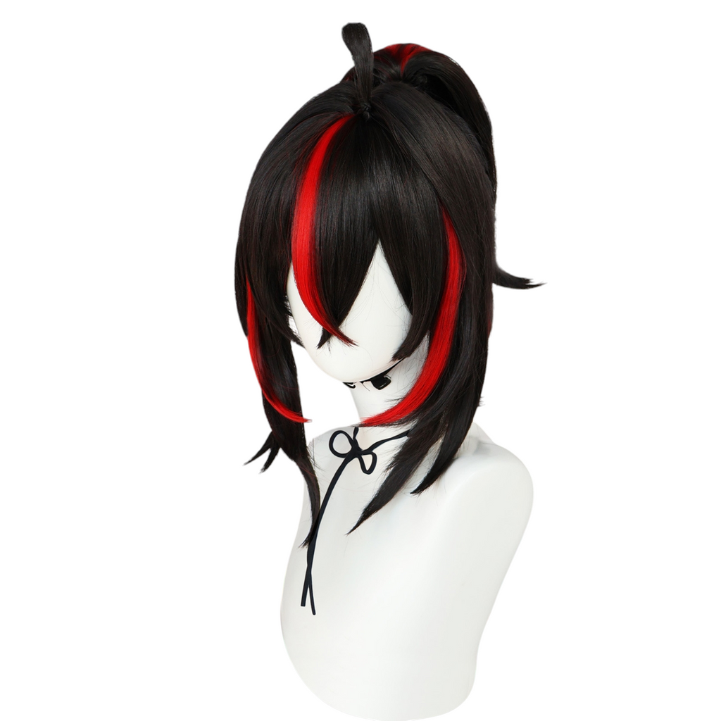 White Smoke Zhu Yuan Cosplay Wig - Zenless Zone Zero (Black/Red Ponytail) (FEVERCOS)