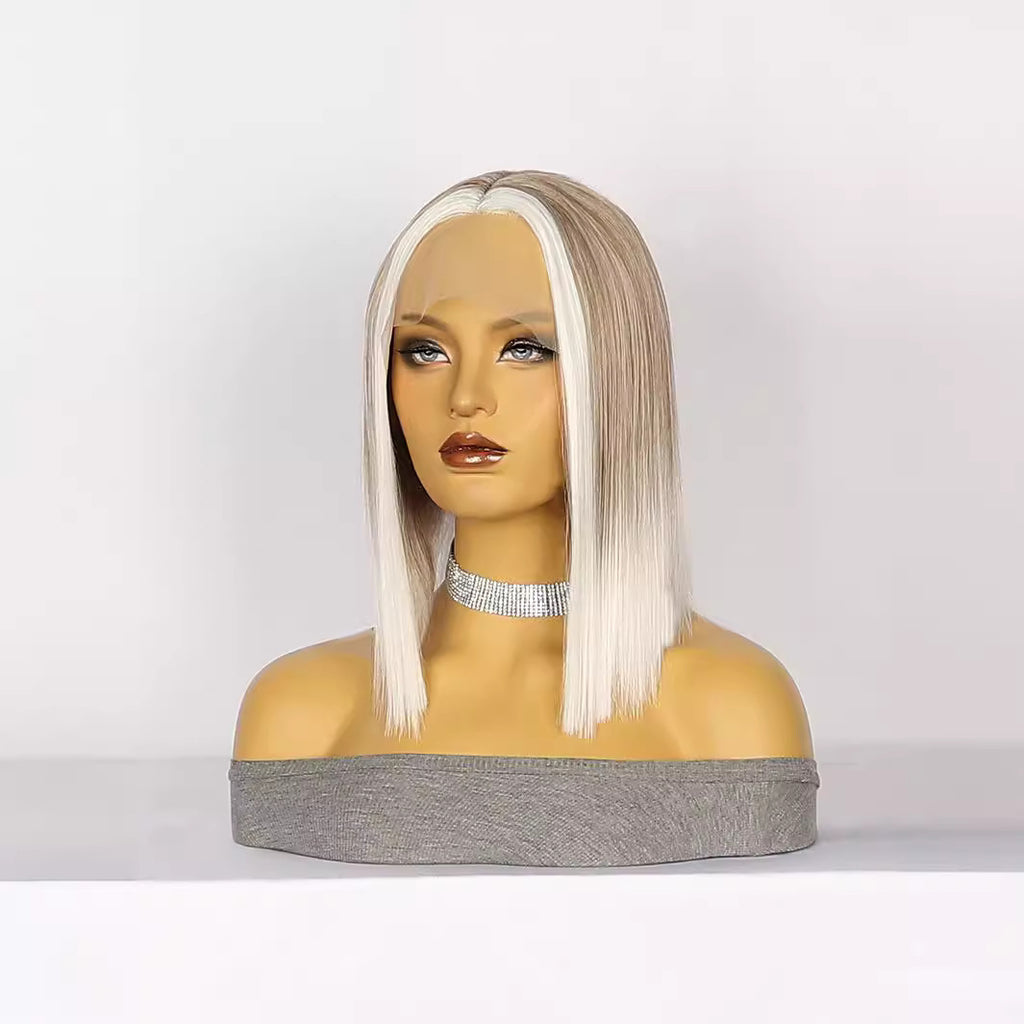 Light Gray Sleek T-Part Lace Bob Wig - Minimalist Chic (Short Straight Middle Part) (FEVERCOS)