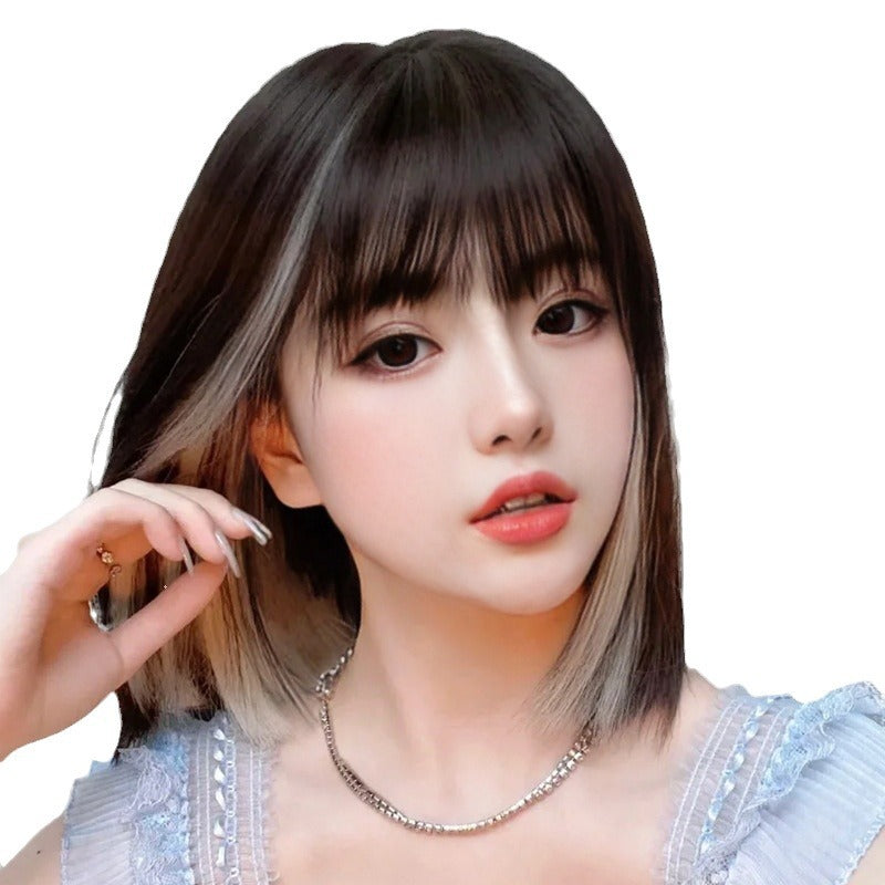 White Smoke Ear Highlight Collarbone Straight Wig - Urban Fashion (K-Pop Style) (FEVERCOS)